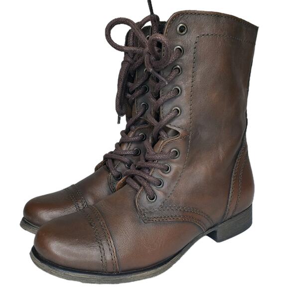 Steve Madden Troopa Boot Sz 6.5 Combat Brown Leather Boho Biker Lace Distressed - Picture 1 of 13